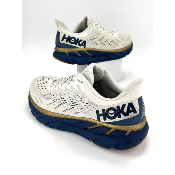 Hoka One One Clifton 7 Men Running Shoe/Sneaker Size 11 Off-White Gold Navy Gym main image 8
